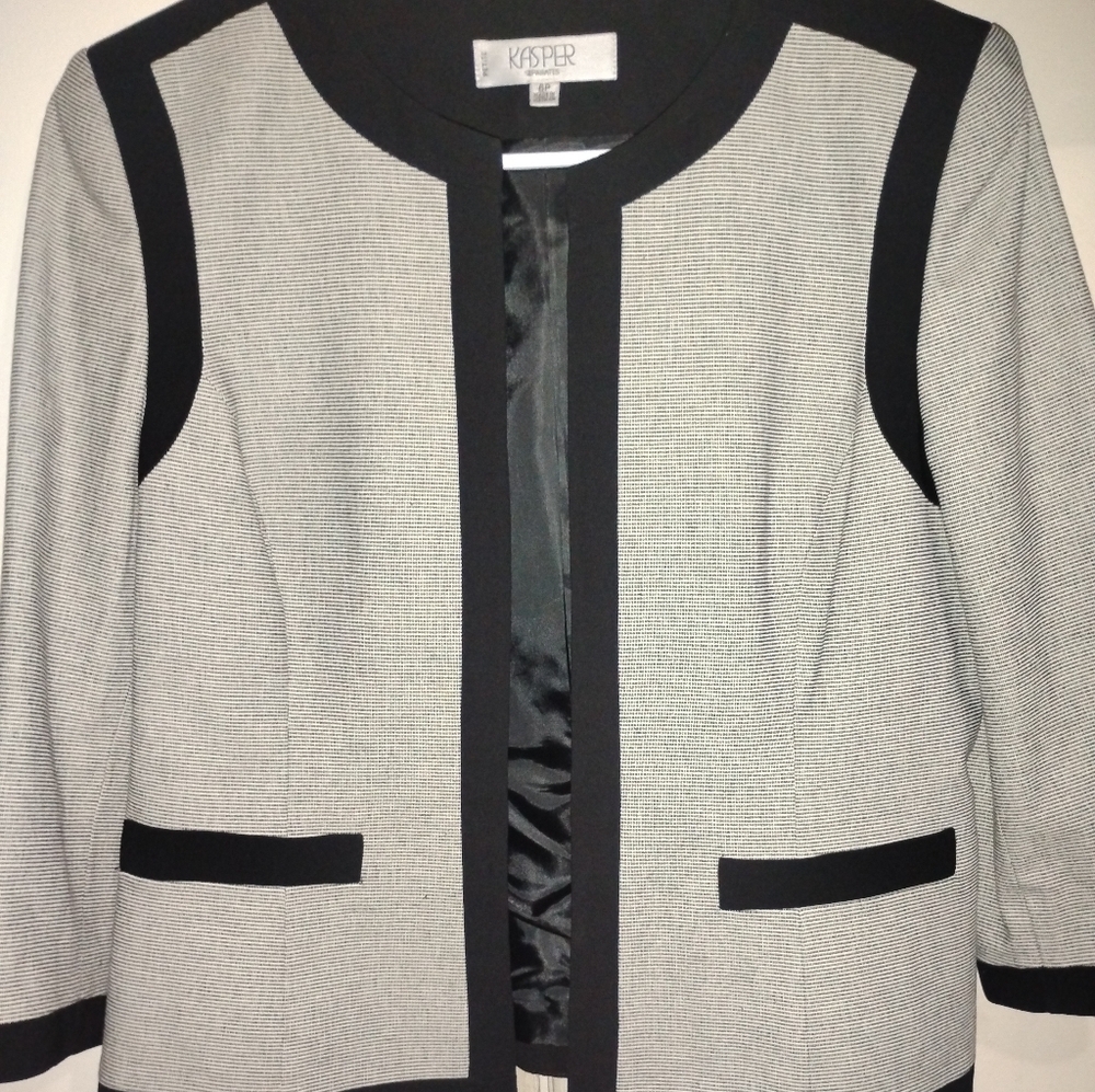 Stylish Blazer Kasper Cotton lined Kasper Open Blazer Woman’s 6P Black trim Ac - Picture 2 of 13